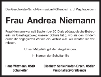 Traueranzeige von Andrea Niemann von Pegnitz-Zeitung